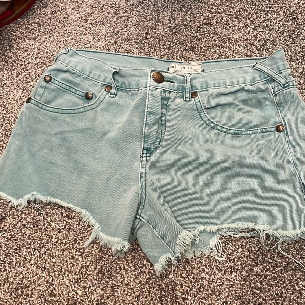 Free People Shorts Womens 28‎ Green Distressed Denim Jean Shorts Frayed Cut Offs